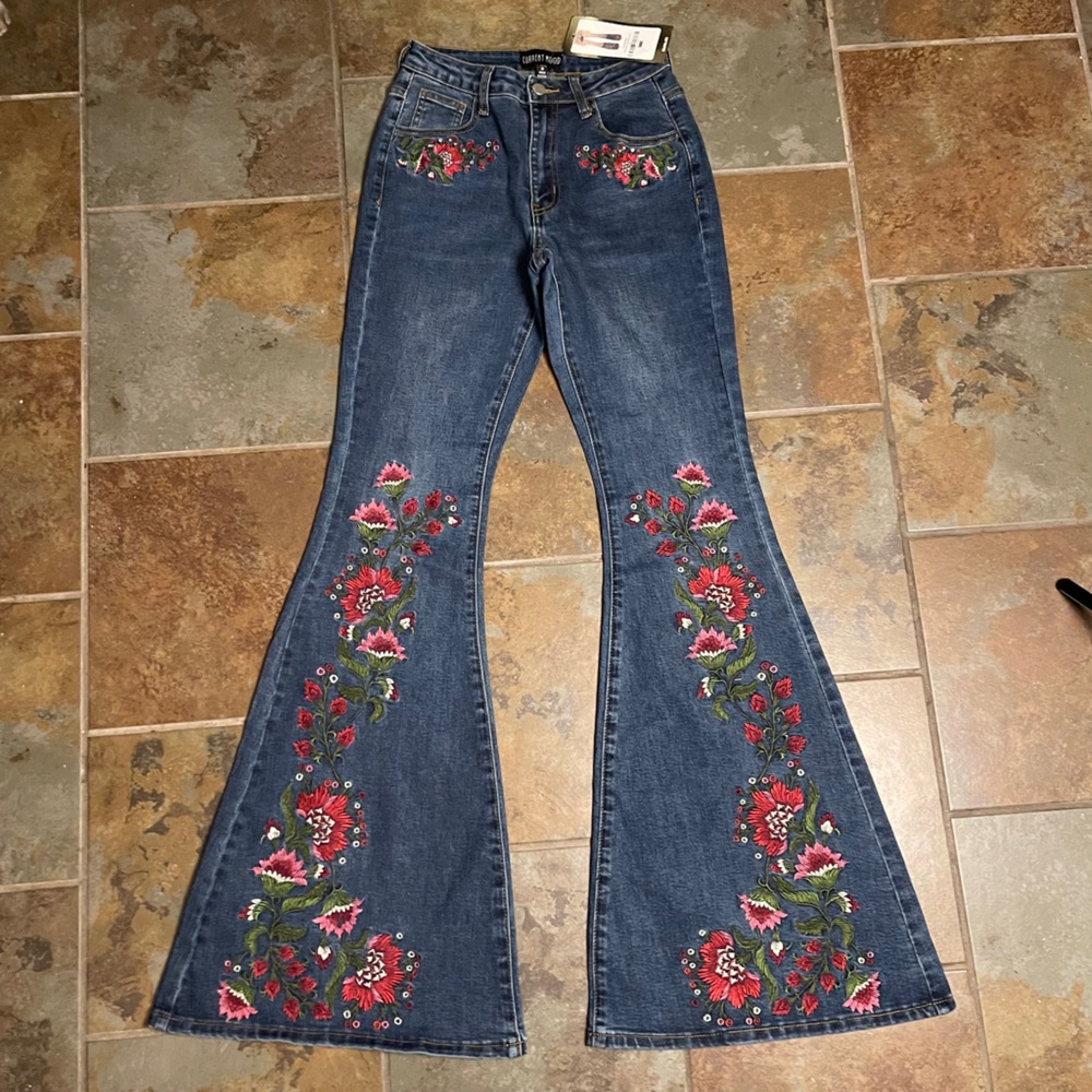 Current Mood Dark Blue Denim Embroidered Flare Jeans with Red Floral Detail